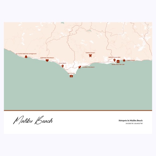 Hotspots in Malibu Beach Poster - Street Map 1
