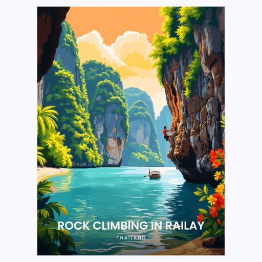 Rock Climbing in Railay Travel Print - Vintage Travel Art Poster 6